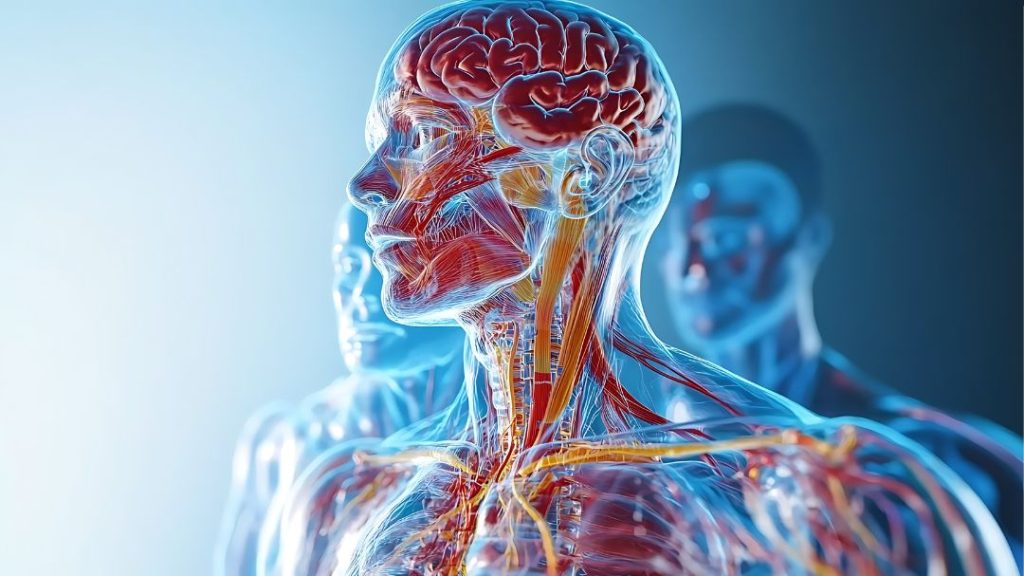 Medical illustration of the human head, neck, and upper torso showing anatomical structures relevant to anesthesia practice.