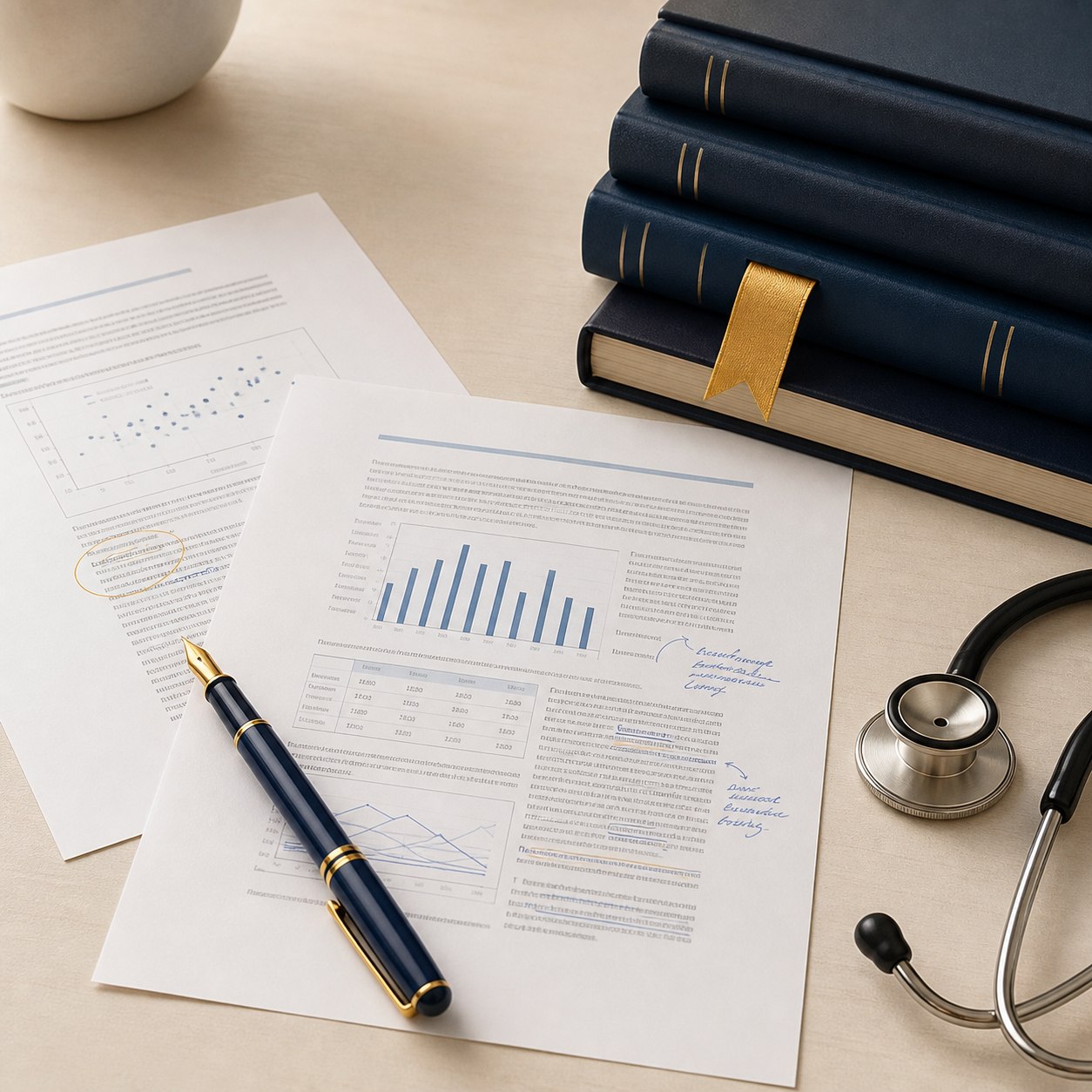 Anesthesia journal pages, medical reference books, a fountain pen, and a stethoscope arranged on a warm ivory desk.
