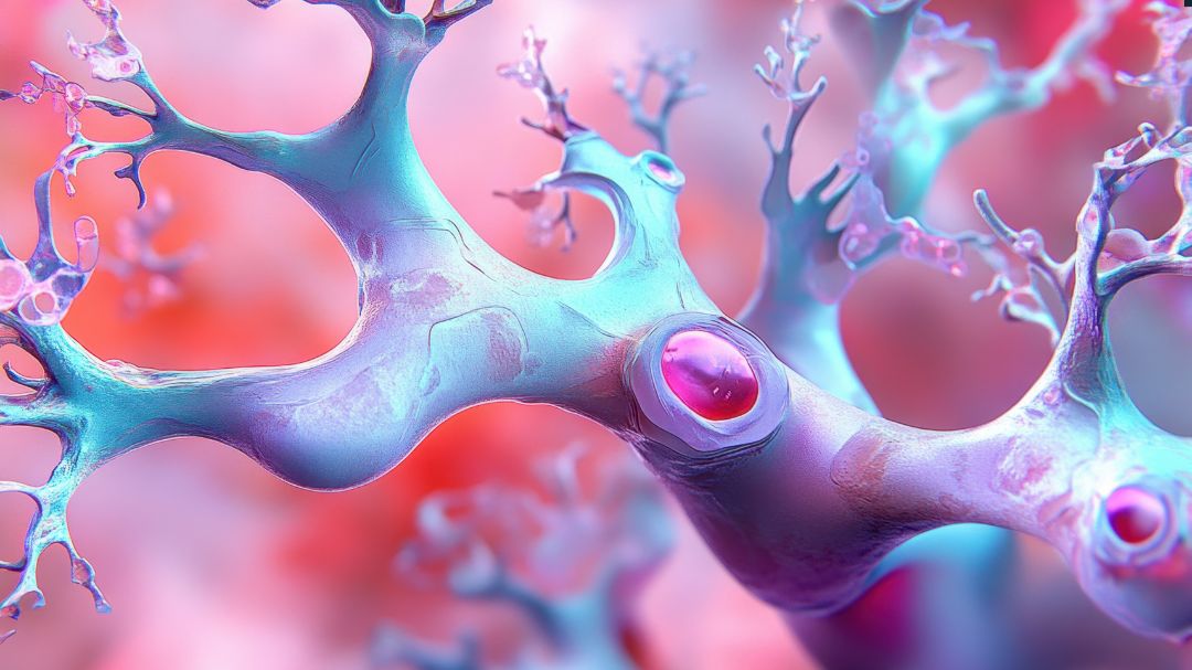 Stylized medical illustration of interconnected neurons in blue, pink, and red.